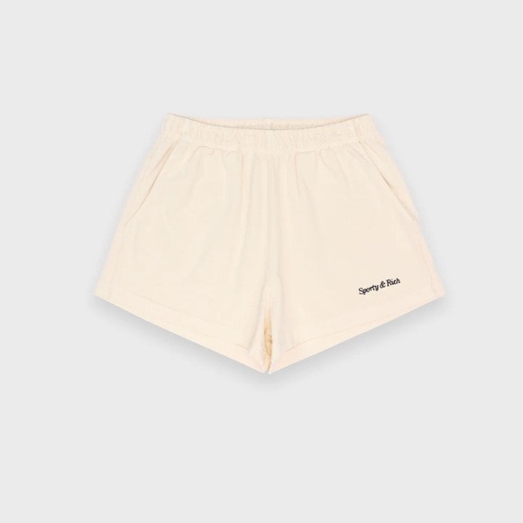 SPORTY & RICH Classic Logo Embroidered Polo - Cream &Disco Shorts - Picture 3 of 4